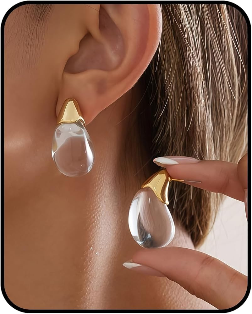 Teardrop Stud Earrings for Women – Clear Resin Water Drop Earrings with Gold Tone Post, Minimal... | Amazon (US)