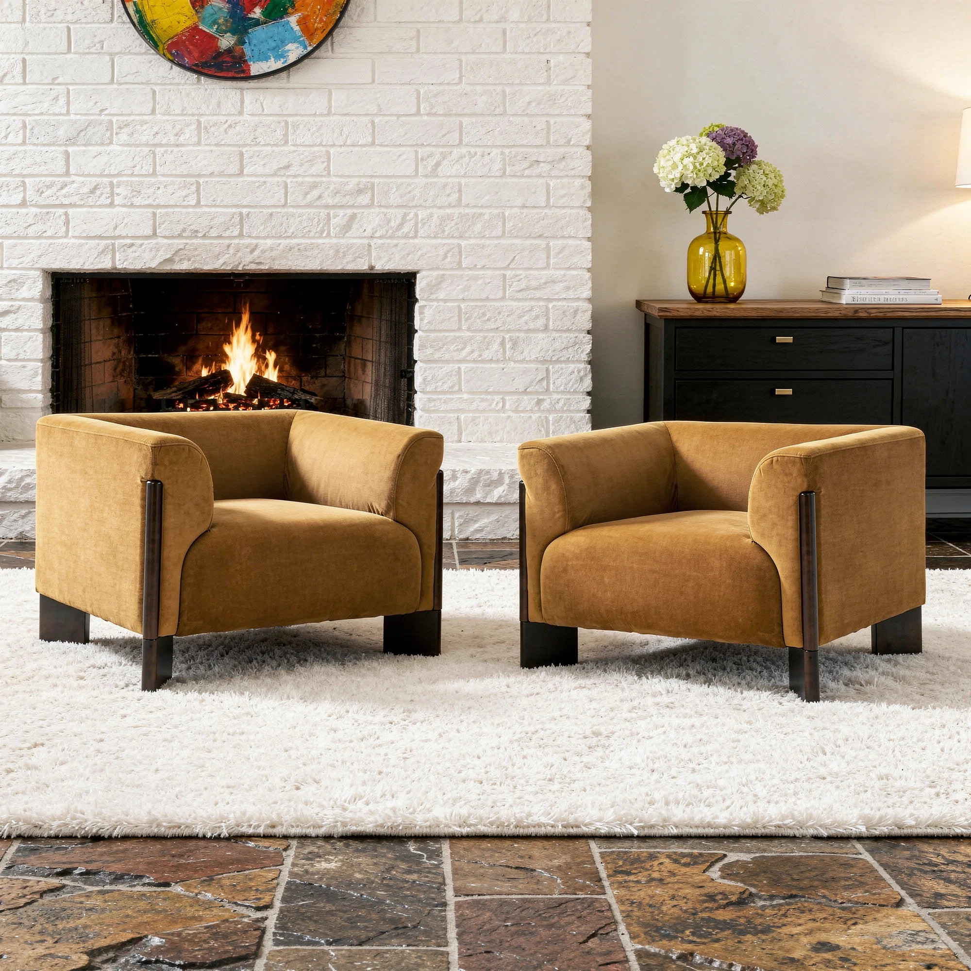Upholstered Chenille Modern Curved Arm Design Armchair With Solid Wood Legs | Wayfair North America