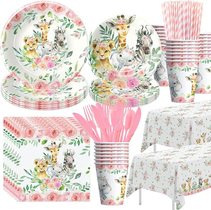 Safari Birthday Decorations Tableware Girl, Jungle Theme Party Supplies, Plate, Cup, Napkin, Tabl... | Amazon (US)