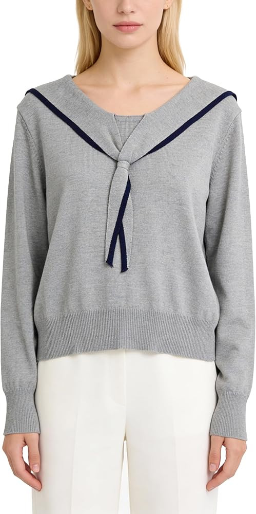 LAI MENG FIVE CATS Women's Sailor Collar Long Sleeve V-Neck Stripe Button Knit Top Shirt Blouse S... | Amazon (US)