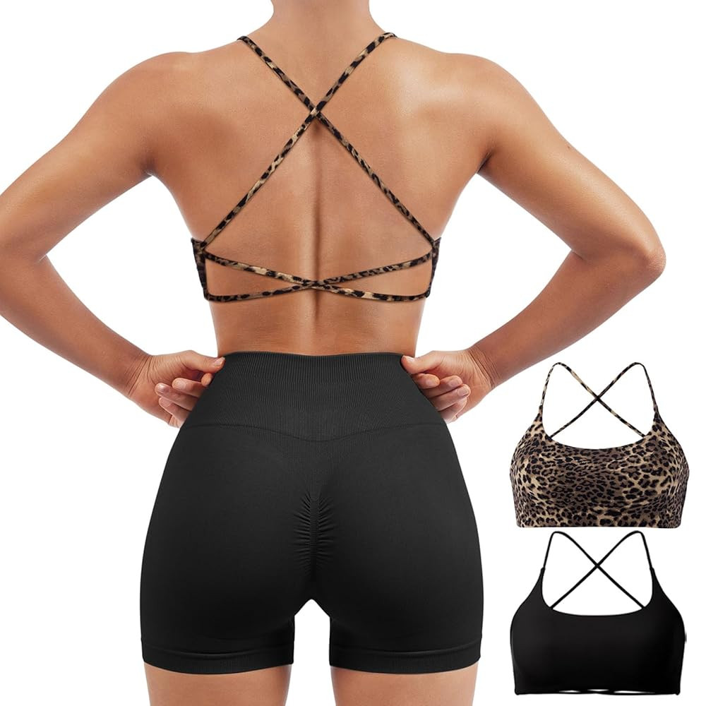 SUUKSESS Women 2 Piece Open Back Sports Bra Pack Strappy Workout Gym Yoga Crops | Amazon (US)