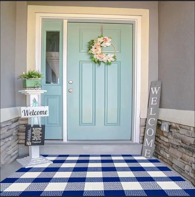 SEEKSEE Cotton Buffalo Plaid Rug 3'x 5' Blue and White Hand Woven Checked Rug Washable Doormats I... | Amazon (US)