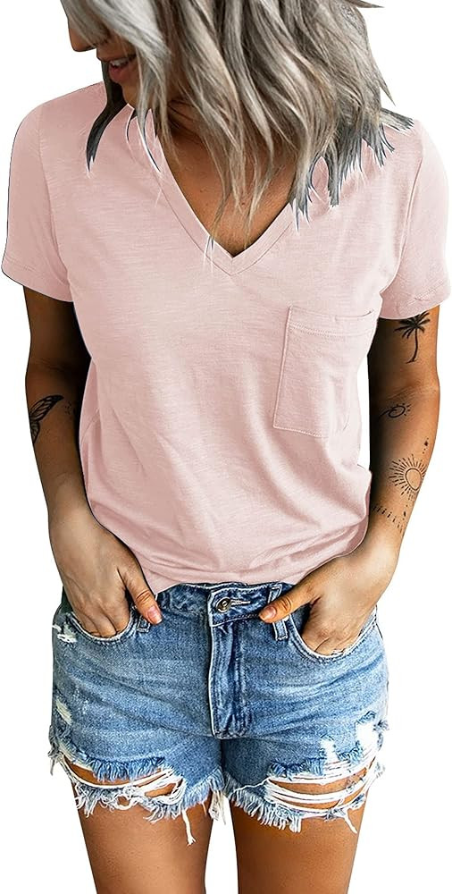 Sunborui Women's Summer Short Sleeve V Neck T Shirts Pocket Solid Loose Casual Tee Tops | Amazon (US)