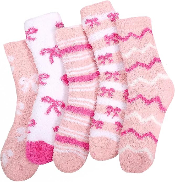 Pink Fuzzy Socks Cozy Fluffy Winter Warm Slipper Socks Bow Socks for Womens Gifts | Amazon (US)