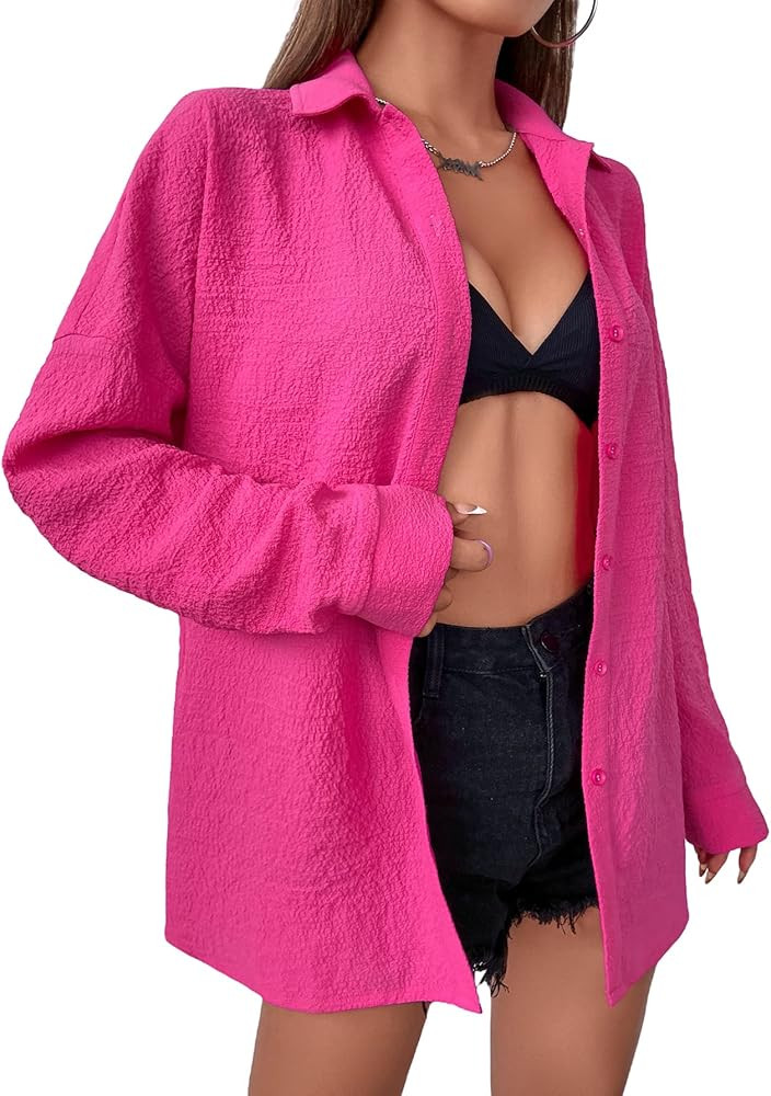 MakeMeChic Women's Oversized Button Down Shirts Collared Button Up Shirt Blouse Top | Amazon (US)