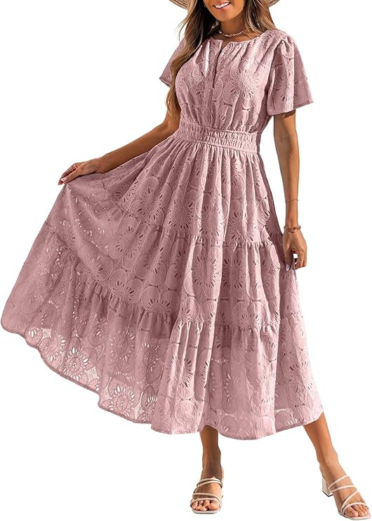 Women's Summer Flowy Maxi Dress 2026 Spring Boho Vacation Eyelet Lace Short Sleeve A Line Tiered ... | Amazon (US)