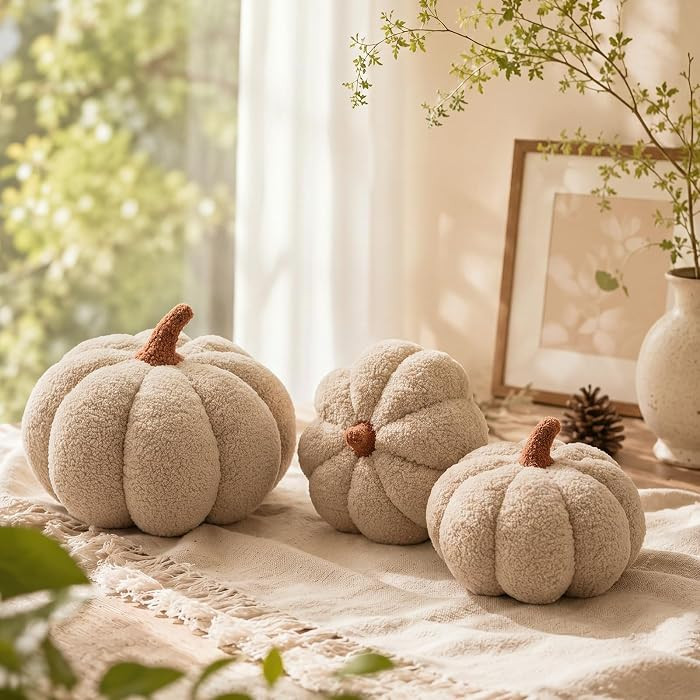 Juexica 3 Pcs Stuffed Pumpkin Pillows Fall Decor Cushions,Beige | Amazon (US)