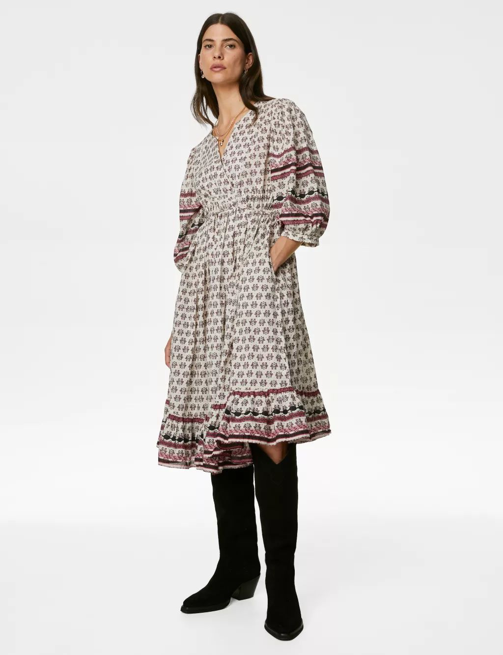 Pure Cotton Printed V-Neck Midi Smock Dress | Marks & Spencer (UK)