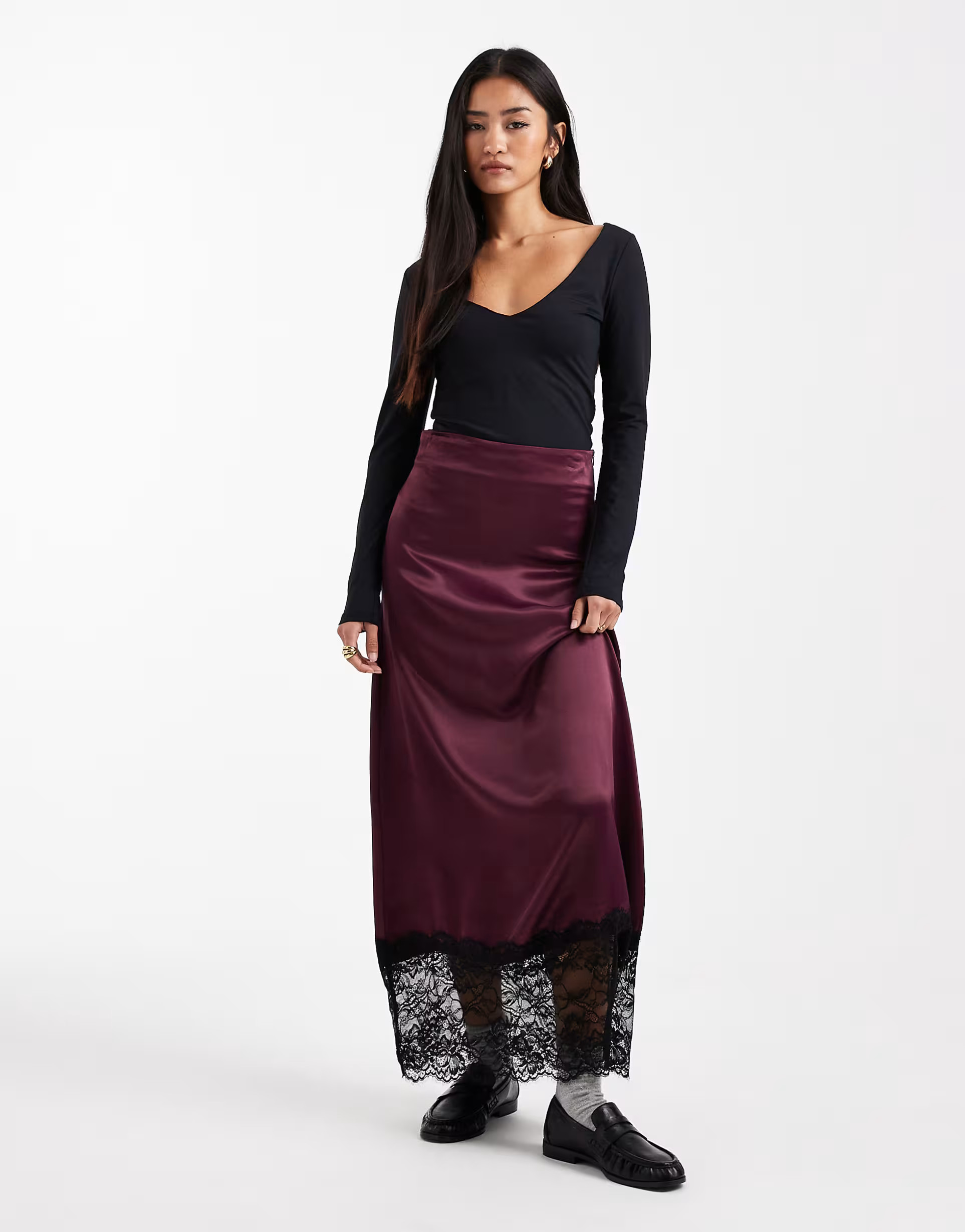 Miss Selfridge satin and lace bias maxi skirt in fig | ASOS | ASOS (Global)