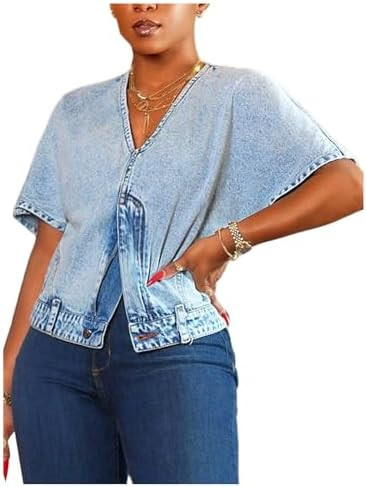 SOLY HUX Women's Denim Tops V Neck Short Sleeve Split Zipper Front Jean Shirt Blouse | Amazon (US)