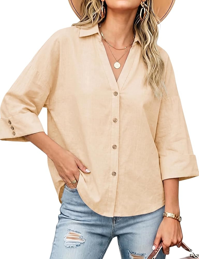 Watashi Women Oversized Shirt Jacket 3/4 Sleeve Button Down Collared Shirt Casual Loose Beach Cov... | Amazon (US)