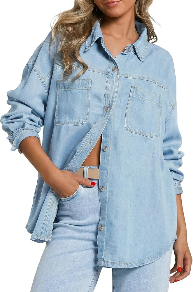 EMMIOL Women Denim Shirts Oversized Long Sleeve Button Down Blouse Distresse Jean Jacket Fall Out... | Amazon (US)