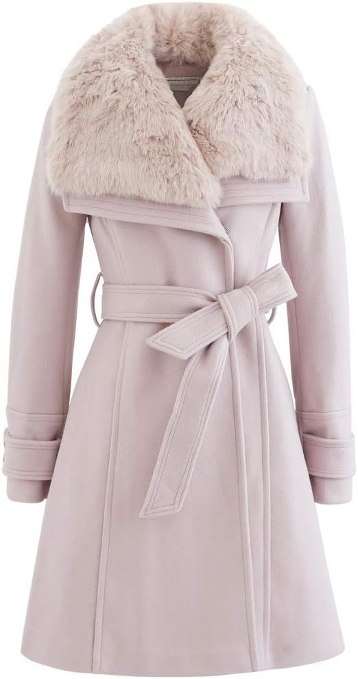 CHICWISH Women's Pink Faux Fur Wide Lapel Turn Down Shawl Collar Open Front Long Sleeve Wool Blen... | Amazon (US)