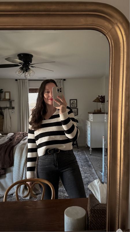 Striped sweater, mom jeans