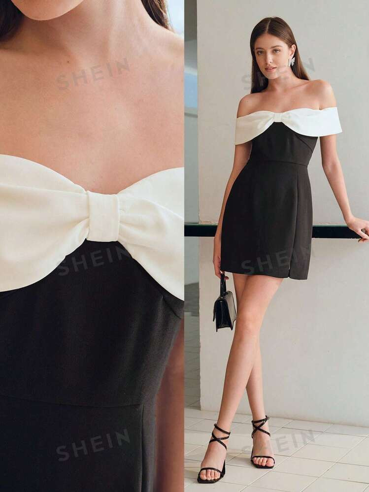 MOTF STUDIO TWO TONE BOW FOLDOVER OFF SHOULDER SHORT DRESS, NEW YEAR OUTFIT | SHEIN