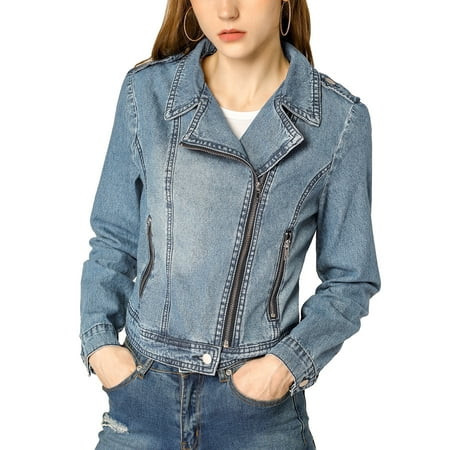 Allegra K Women s Notched Lapel Long Sleeves Asymmetric Zip Moto Denim Jacket XS Blue | Walmart (US)