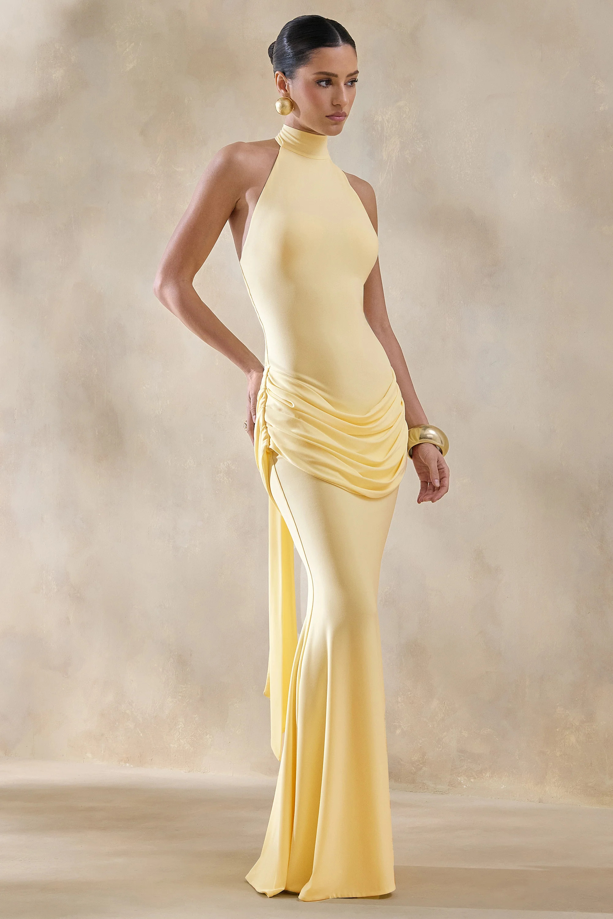 Daisy | Lemon Halter-Neck Maxi Dress With Draped-Detailing | Club L London