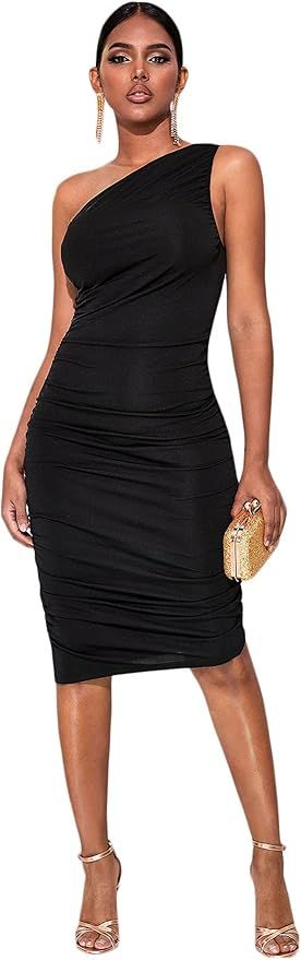 Floerns Women's One Shoulder Sleeveless Ruched Bodycon Party Club Midi Dress | Amazon (US)