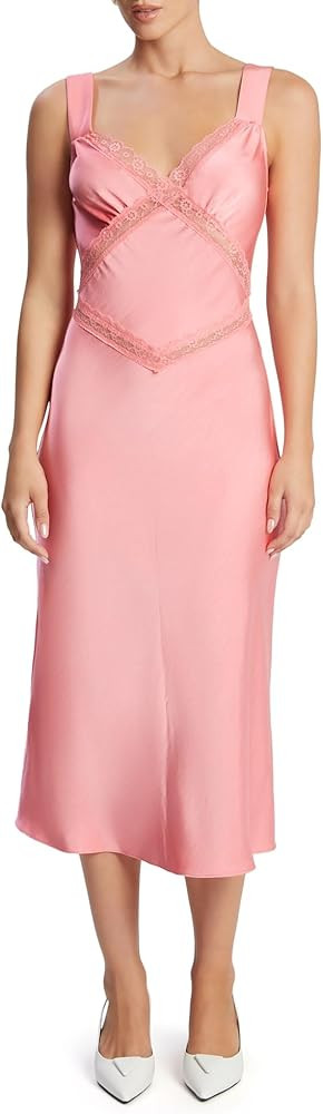 BARDOT Emory Satin Slip Dress for Women - Pink Midi, V-Neck, Lingerie Inspired, Lace Trim, Back C... | Amazon (US)