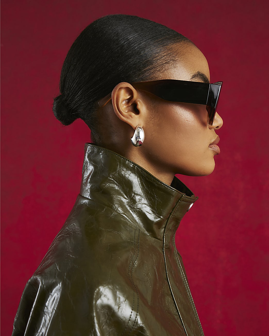 Green Faux Leather Funnel Neck Bomber Jacket | River Island UK & IE
