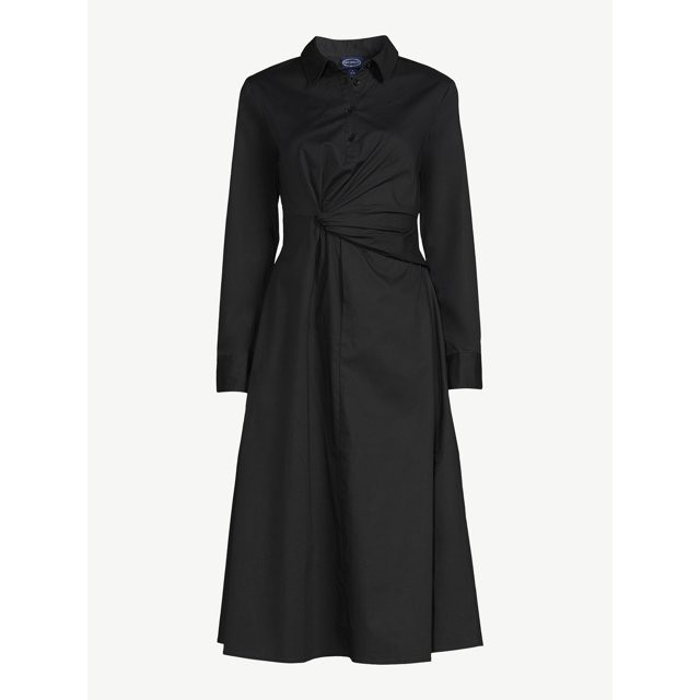 Scoop Women's Side Knot Poplin Midi Shirt Dress with Long Sleeves, Sizes XS-XXL | Walmart (US)