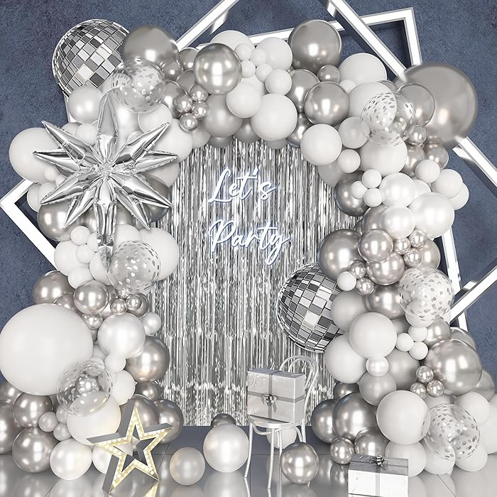 Disco Party Balloon Garland Arch Kit 143Pcs White and Metallic Silver Confetti Balloons with Disc... | Amazon (US)
