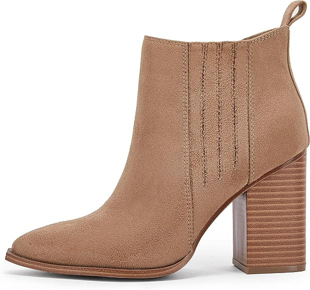 Womens Pointed Toe Slip on Ankle Booties Stacked Mid Block Heel Shoes Faux Leather Boots | Amazon (US)