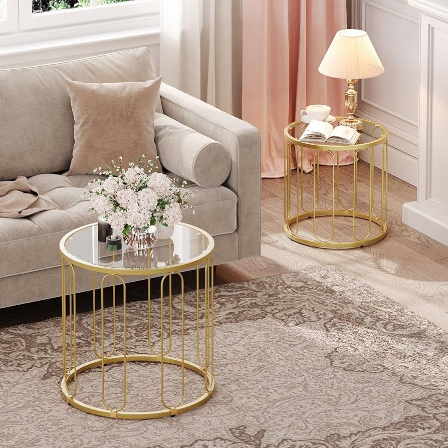 Coffee Table Set of 2, Round Accent End Table with Metal Frame, Gold Coffee Side Table with Glass... | Amazon (US)