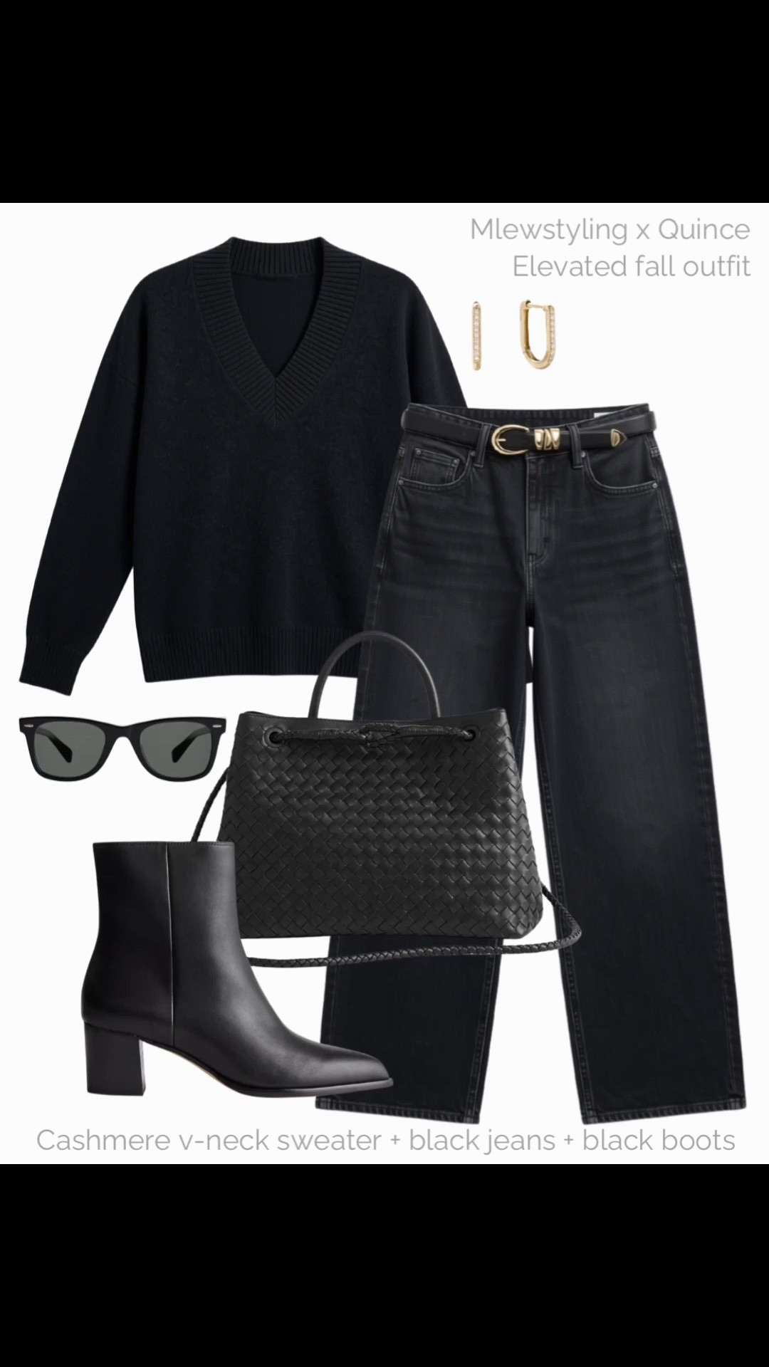 Elevated fall outfit 🖤

#QuincePartner @Quince

Tags: Quince autumn outfit, cashmere v-neck sweater, black denim jeans, low heel ankle boots, woven tote bag, black belt, casual workwear, office outfit