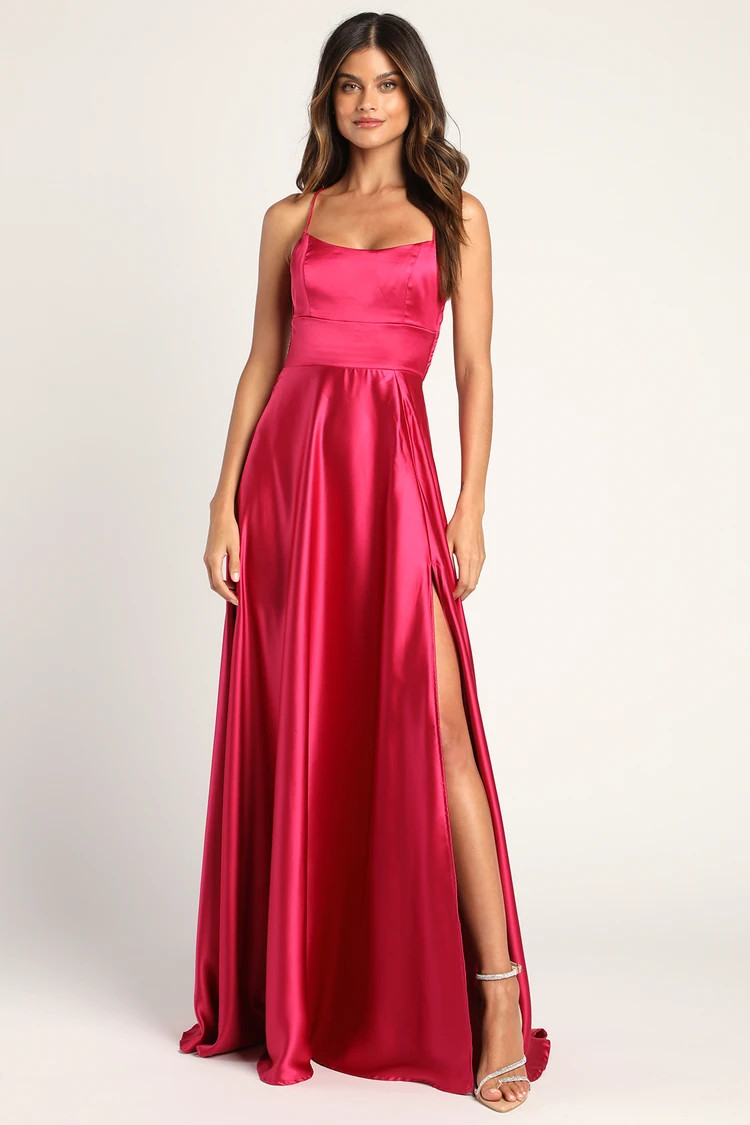 Lustrous Affair Fuchsia Satin Sleeveless Lace-Up Maxi Dress | Lulus (US)