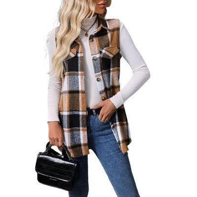 BLUEMING Womens Plaid Vest Button Down Sleeveless Lapel Neck Casual Flannel Fashion Vest Tops Outerwear, Khaki - S | Target