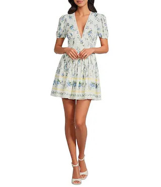 Elara Floral Linen V-Neck Short Puff Sleeve Tiered Ruffle Mini Dress | Dillard's