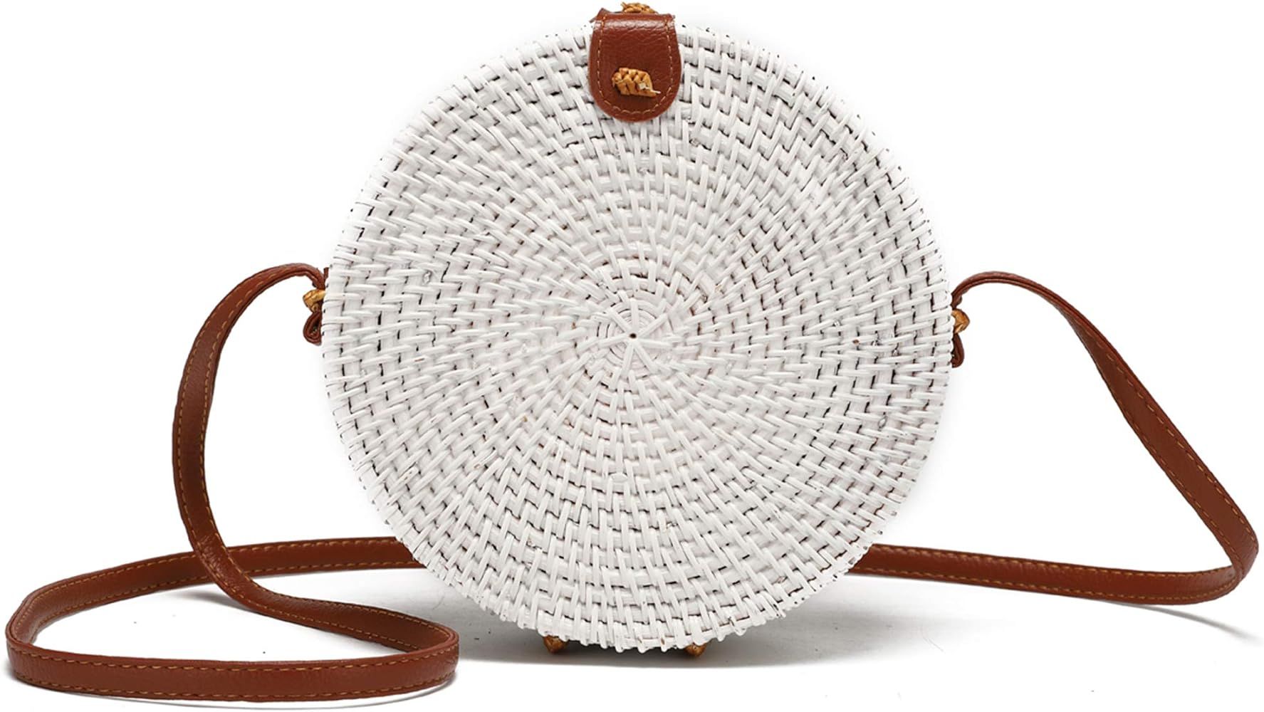 Handwoven Round Rattan Bag for Women with Leather Strap Crossbody Straw Handbag | Amazon (US)