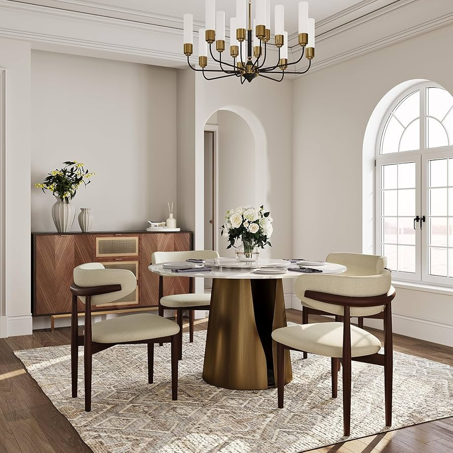 POVISON Round Dining Table for 4-6, Modern Dining Table 51" Glossy White Sintered Stone Dining Ta... | Amazon (US)