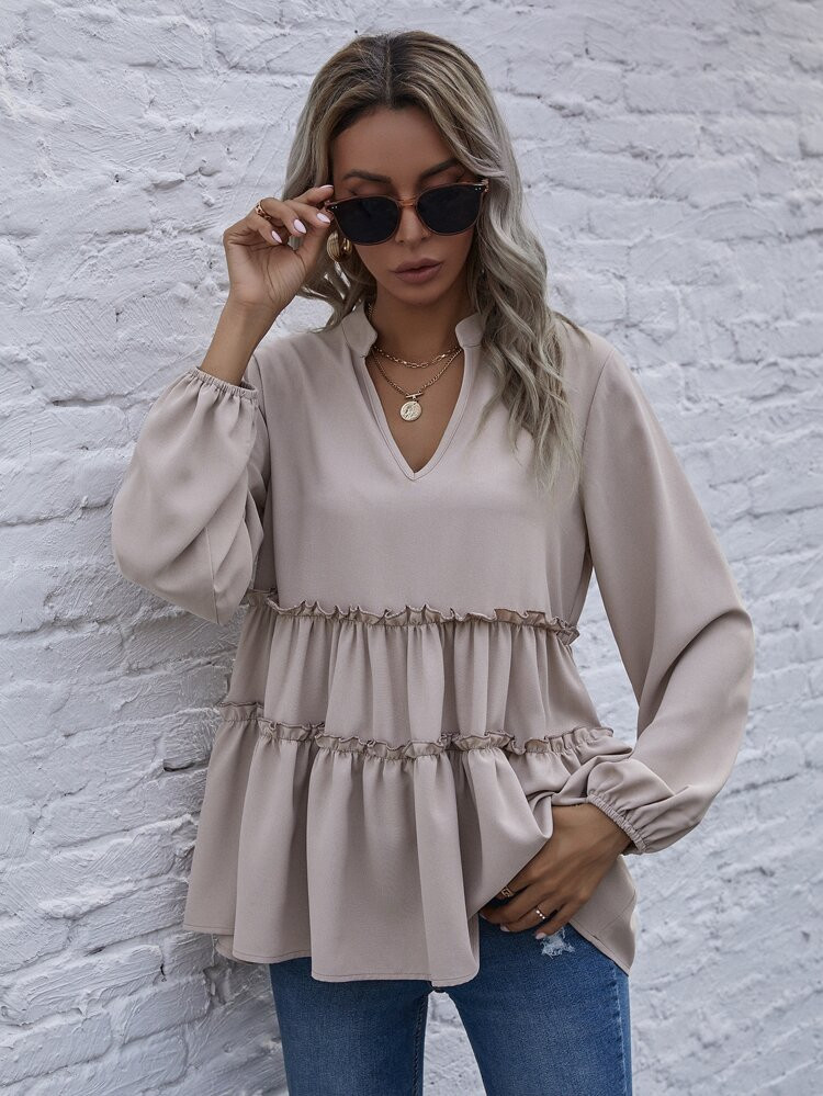 Notched Neck Frill Trim Peplum Blouse | SHEIN