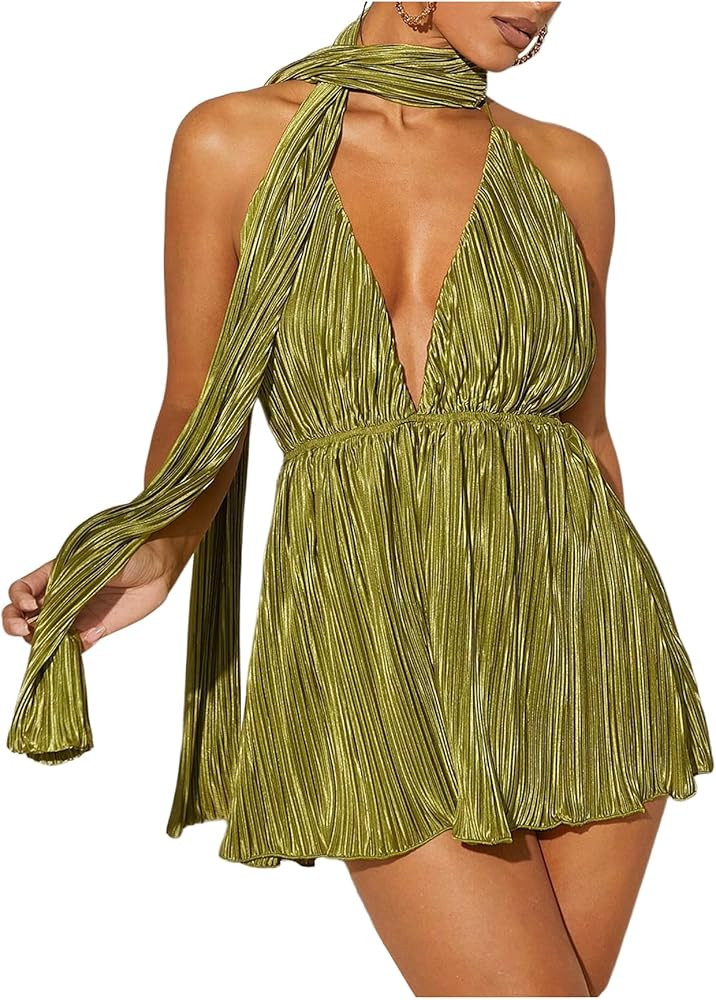 Milumia Women's Textured Low Cut Halter Neck Dress Crisscross Backless Sexy Summer Dresses Romper... | Amazon (US)