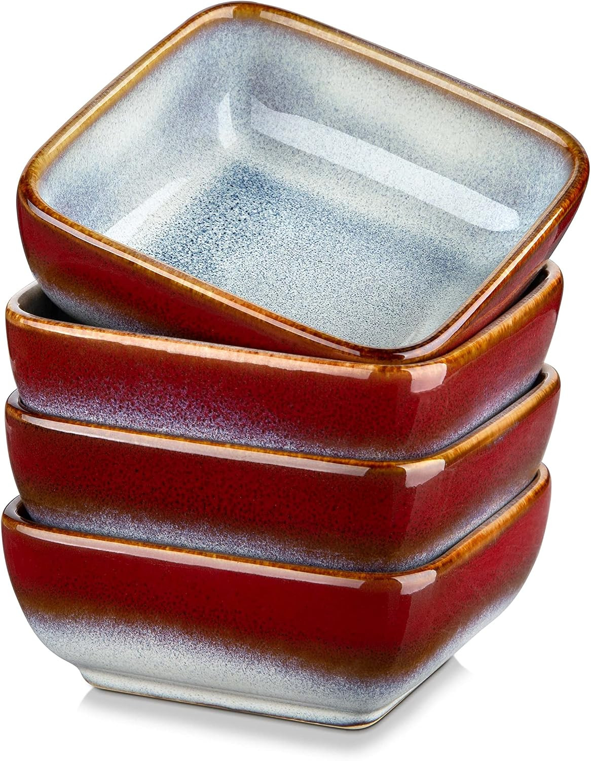 vancasso Stern Red 4-Piece Saucer Dish Set, Reactive Glaze Dipping Snack Bowl, Ceramic Small Serving Dish/Condiment Dish/Seasoning Bowl/Sushi Soy Dish, Square. (9.5x9.5x3.8cm) | Amazon (UK)