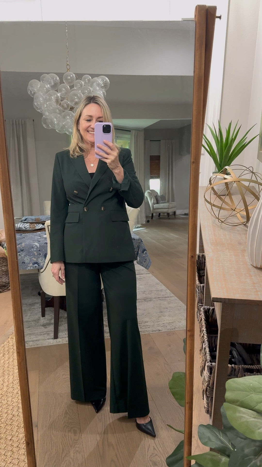 The deep forest green color of this suit is beautiful!  Work outfit, executive outfit, fall outfit over 50, professional look #ThisisAnn