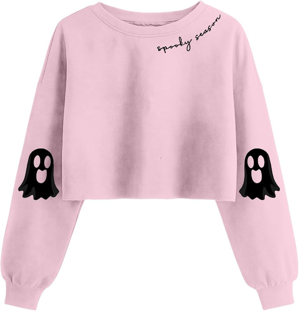 Womens Halloween Shirts Crop Tops Lightweight Sweatshirts Ghost Pattern Clothes Trick or Treat | Amazon (US)
