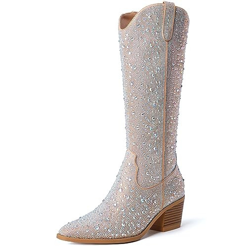 Susanny Rhinestone Cowboy Boots for Women Western Knee High Boots Glitter Low Block Heel Cowgirl Booties Mid Calf Sparkly Boots Party Chunky Heel Boots 6.5 | Amazon (US)