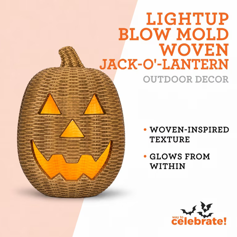Light-Up Blow Mold Woven Jack-o'-Lantern Decoration, Brown, 12", Halloween by Way To Celebrate | Walmart (US)