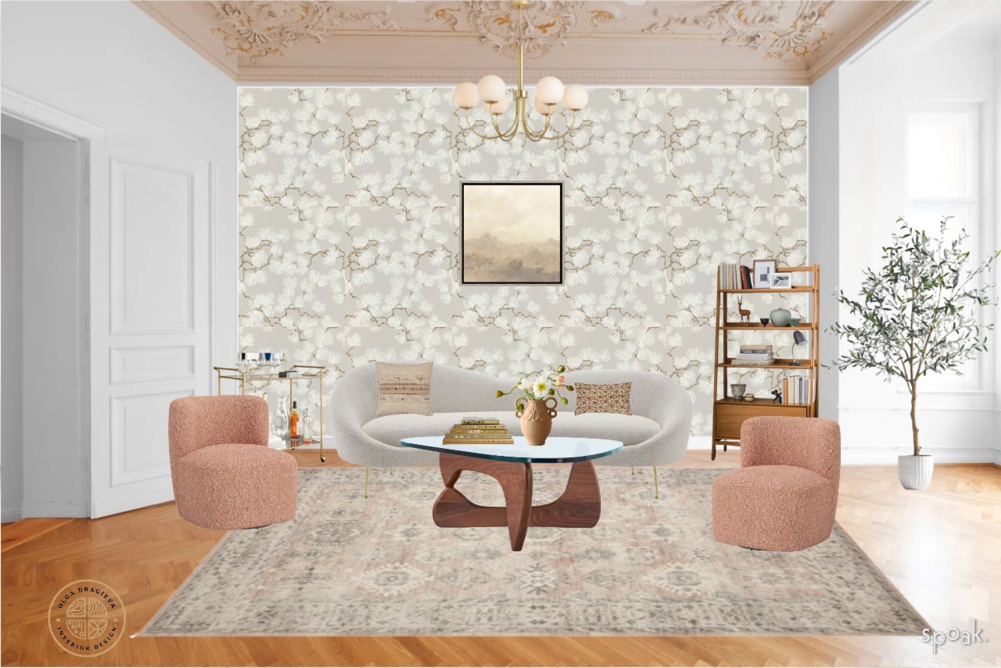 Living room moodboard! I love the gorgeous wallpaper, the beautiful bouclé sofa from Castlery. The Noguchi table is a famous mid-century staple from Design Within Reach. The blush swivel chairs are by Lulu and Georgia. The neutral art is by Pottery Barn. Beautiful chandelier by Rehuvenation. 

#LTKhome #LTKSpringSale #LTKSeasonal