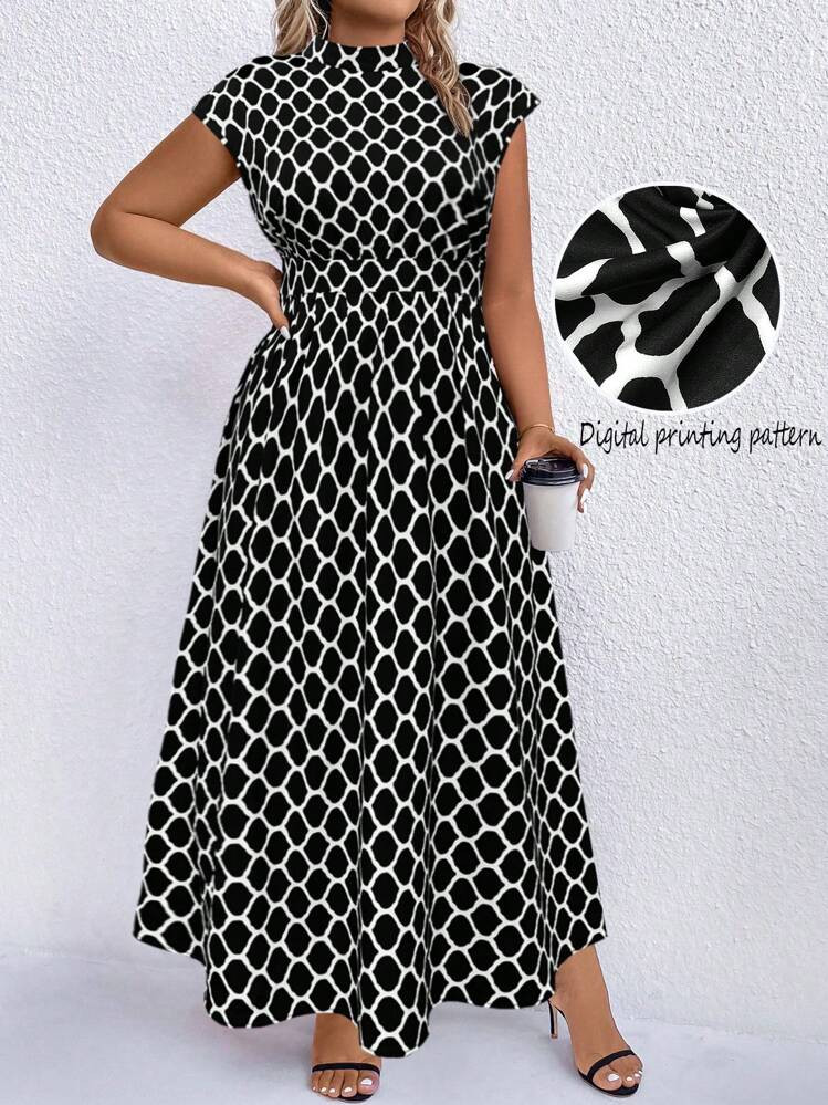 SHEIN Clasi Plus Polka Dot Print Mock Neck Dress Maxi Women Outfit | SHEIN