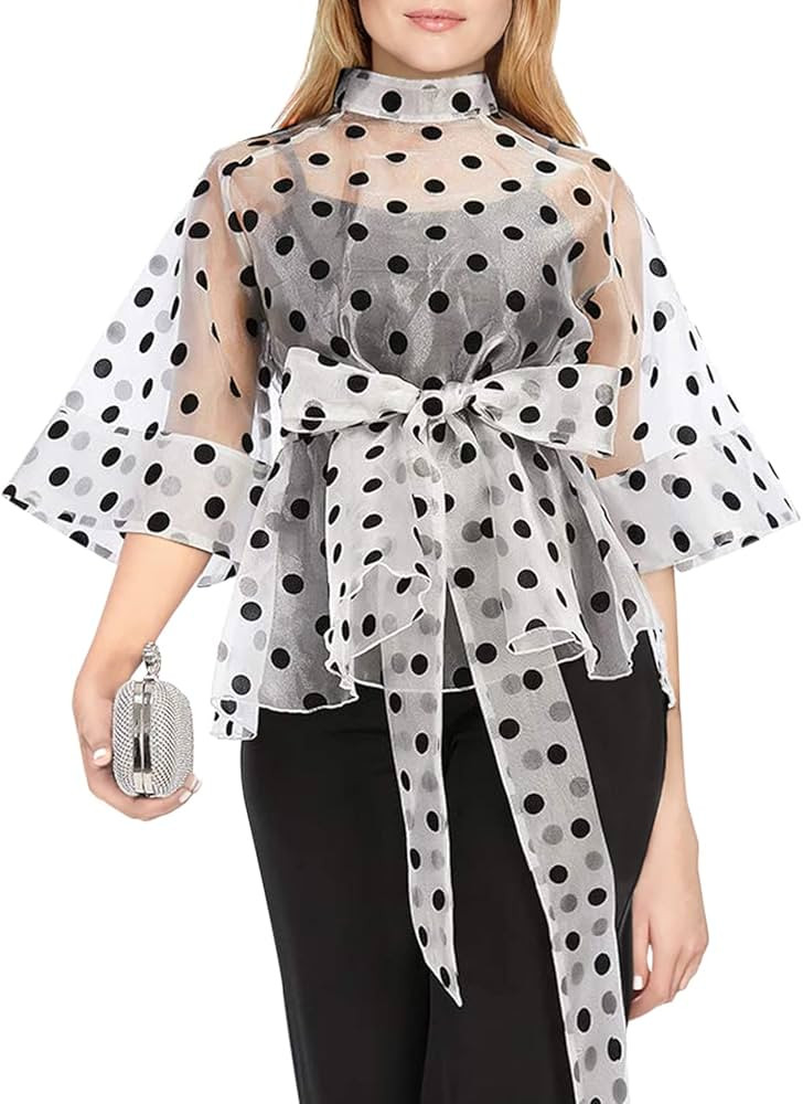 AOMEI Women's Stand Collar Polka Dot See Through Front Tie Peplum Blouse | Amazon (US)