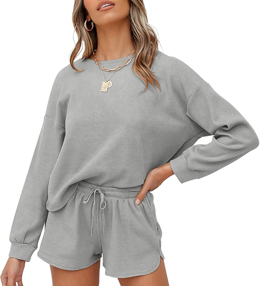 ZESICA Women's Waffle Knit Long Sleeve Top and Shorts Pullover Nightwear Lounge Pajama Set with P... | Amazon (US)