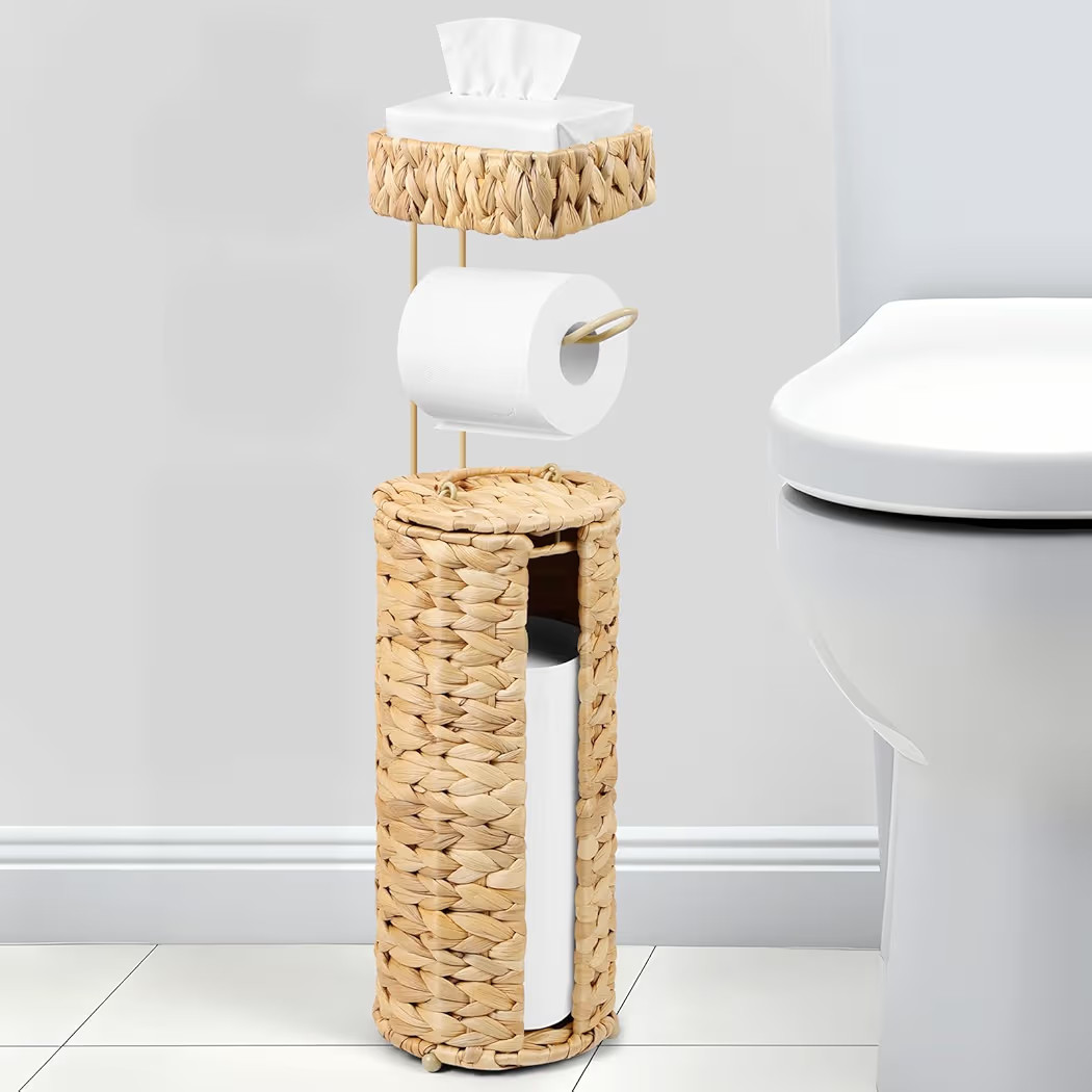 Free Standing Toilet Paper Holder, Rattan Wicker Toilet Paper Basket with Storage, Water Hyacinth... | Amazon (US)