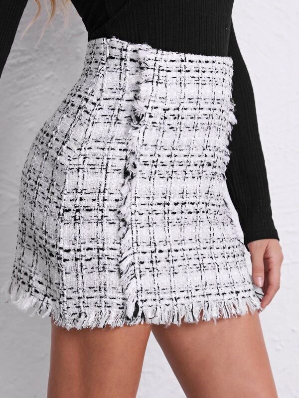 SHEIN Zipper Side Raw Edge Plaid Tweed Skirt | SHEIN