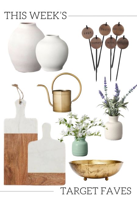 This weeks target faves! Target picks and finds in home decor accessories and accents threshold studio mcgee magnolia hearth and hand spring trends white vases gold watering can gold footed bowl good and marble cutting decorative boards florals herb garden stakes Valentine’s Day gift ideas easter decor

#LTKunder50 #LTKFind #LTKhome