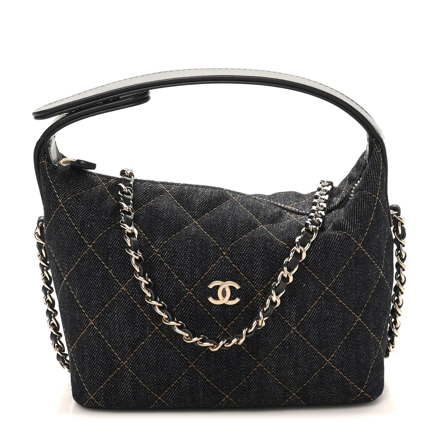 Denim Quilted Hobo Clutch With Chain Dark Blue Orange | FASHIONPHILE (US)