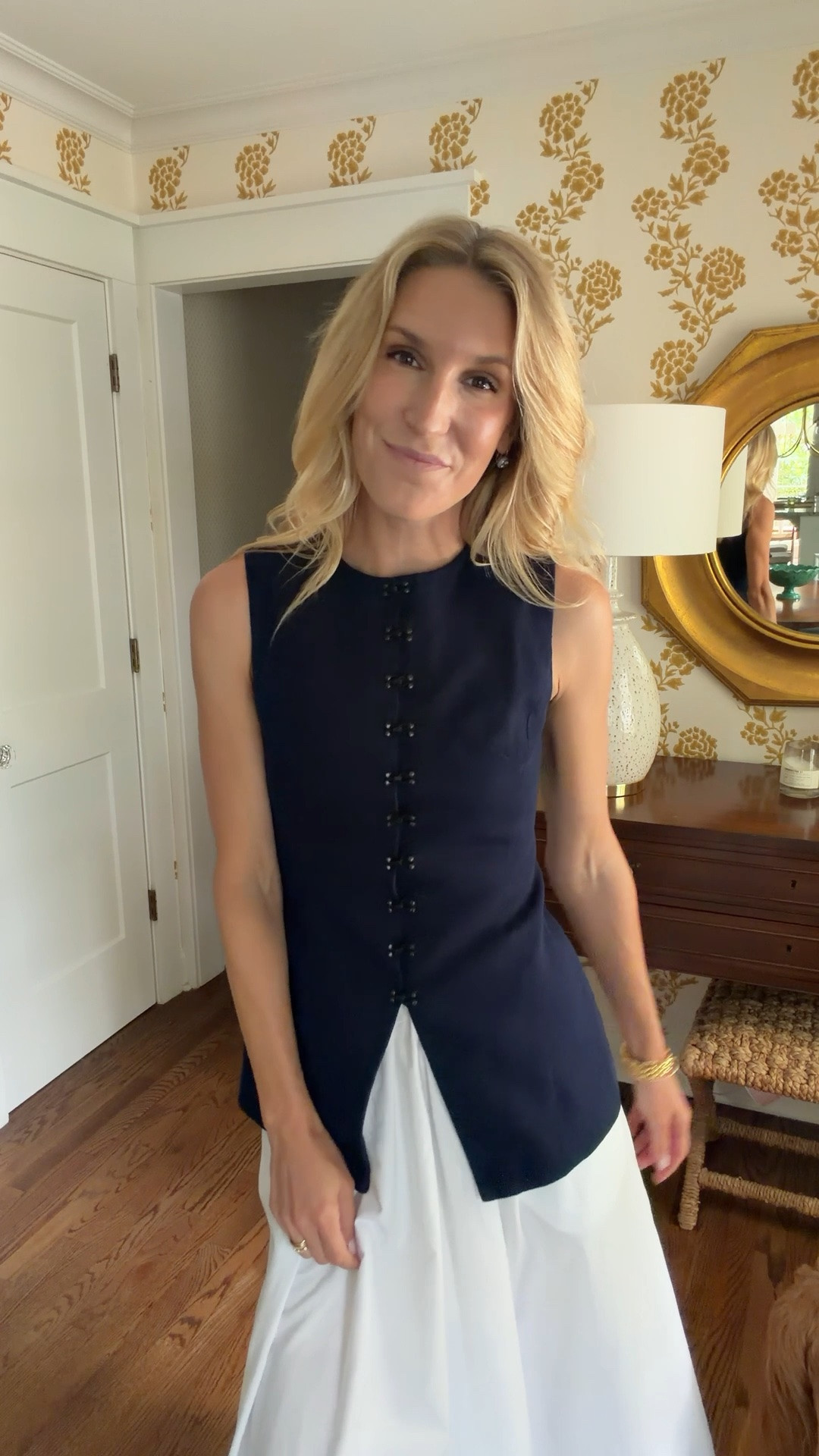 Work outfit — vest runs small, size up. Wearing size 2. Skirt - xs. Shoes TTS